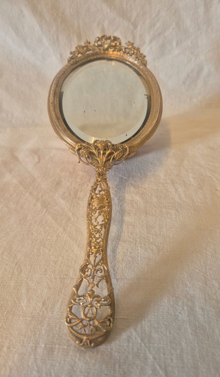 Miroir face à main au mercure et biseauté en bronze doré Second Empire 