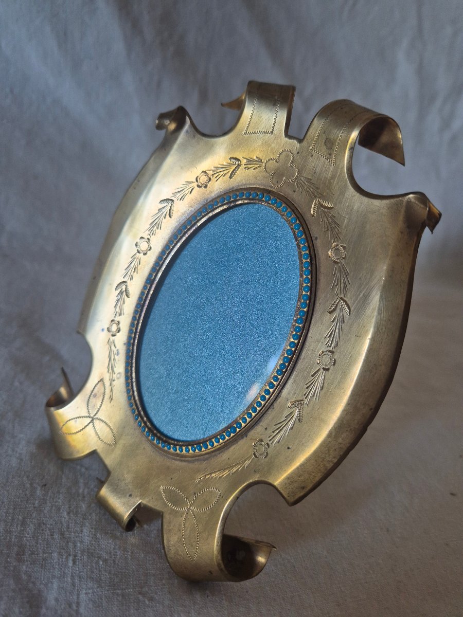 19th-century "troubadour" Bronze Photo Frame With A Turquoise Enamel Beaded Border -photo-3