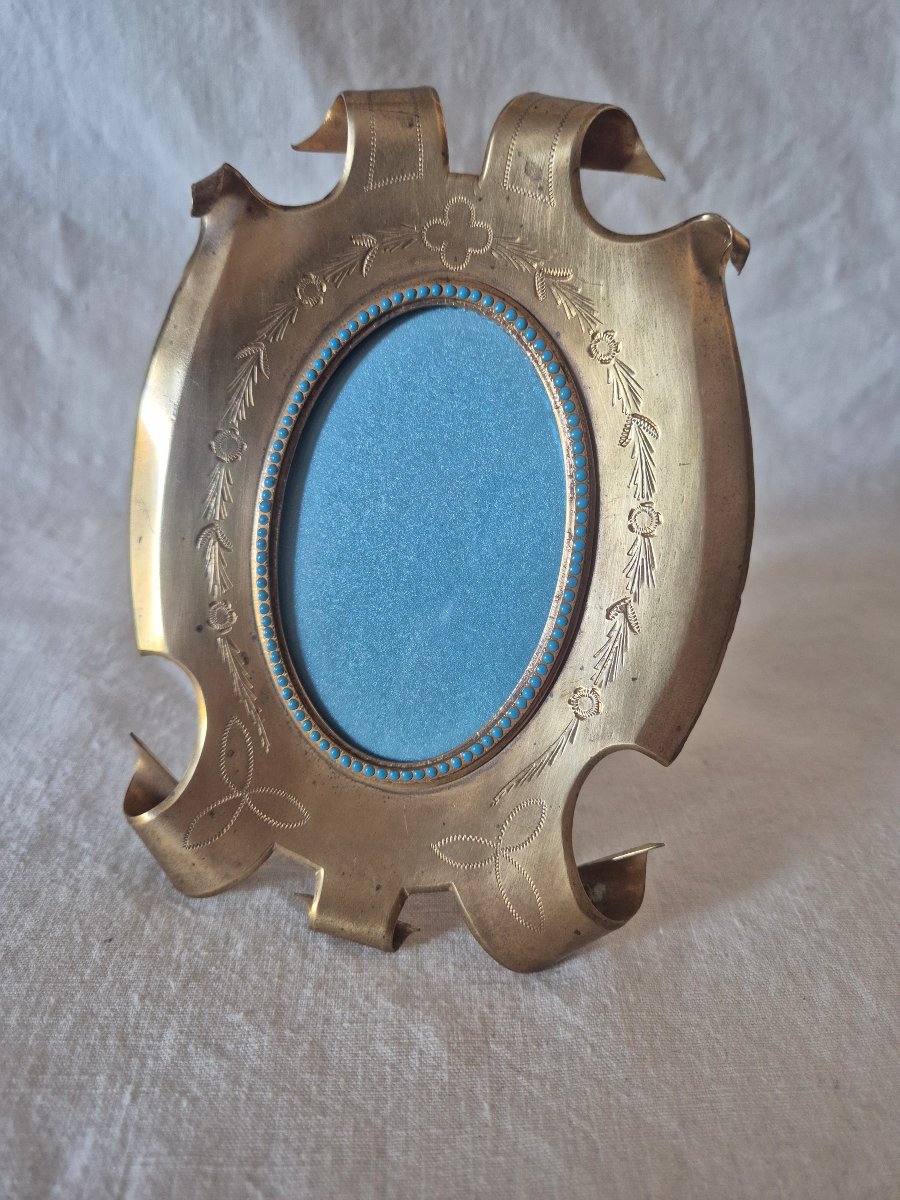 19th-century "troubadour" Bronze Photo Frame With A Turquoise Enamel Beaded Border 