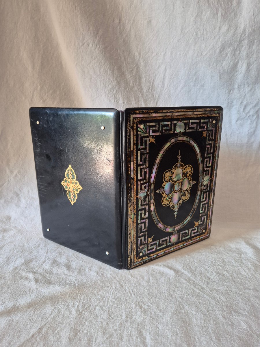 Sous main Napoléon III en papier mâché et marqueterie de nacre du XIXème siècle -photo-4