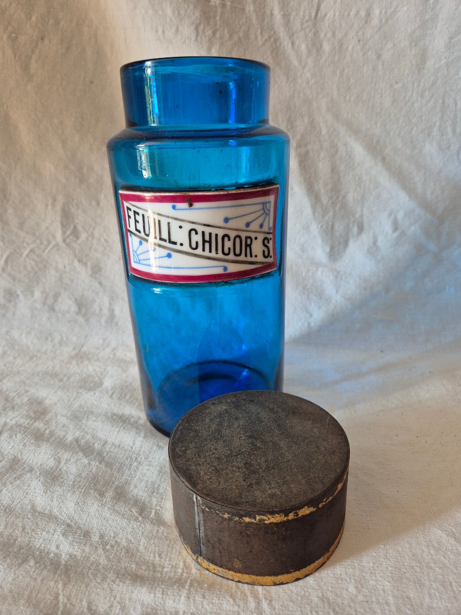 Large Blue Apothecary Jar For Chicory Leaves With A Hand-painted Porcelain Label -photo-4