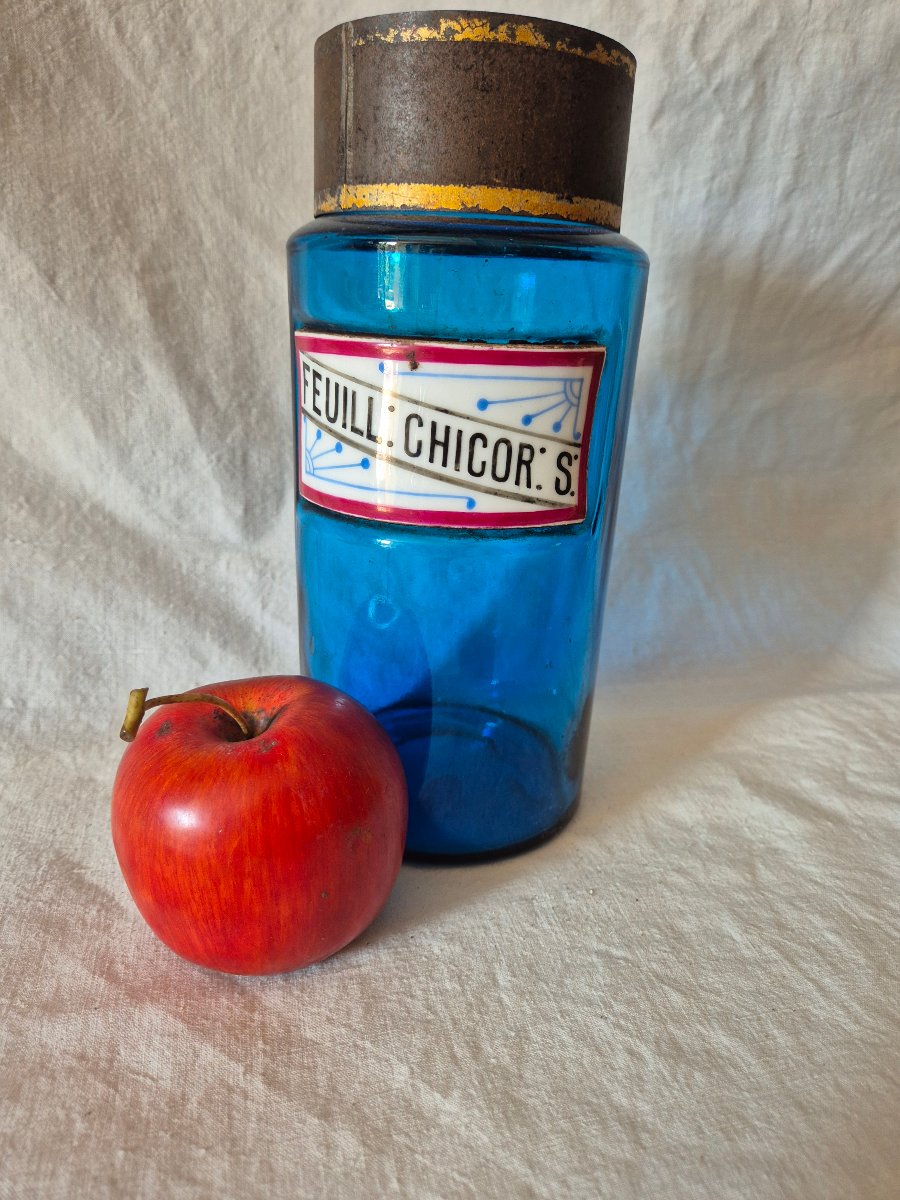 Large Blue Apothecary Jar For Chicory Leaves With A Hand-painted Porcelain Label -photo-2