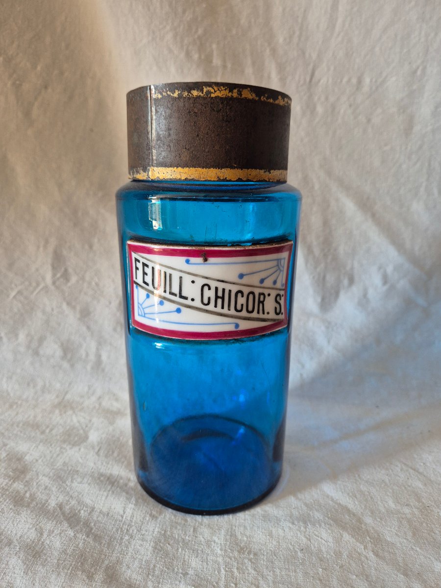 Large Blue Apothecary Jar For Chicory Leaves With A Hand-painted Porcelain Label 