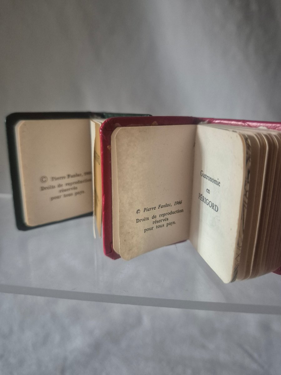 2 livres miniatures  en cuir 4.5 x 3.5 cm de 1966 sur le Périgord et sur sa gastronomie-photo-3