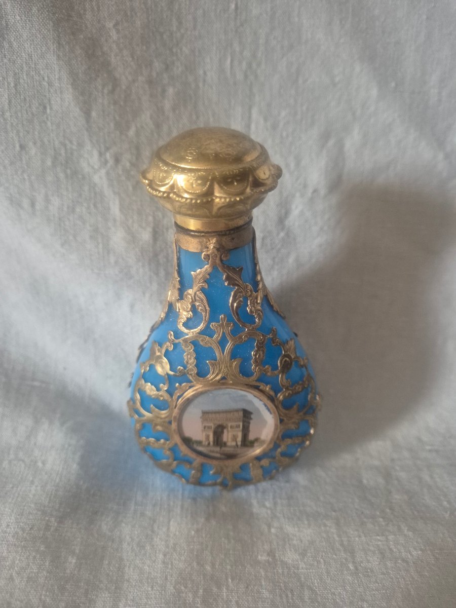 Flacon opaline bleue et résille en bronze pomponne doré Napoléon III -photo-2