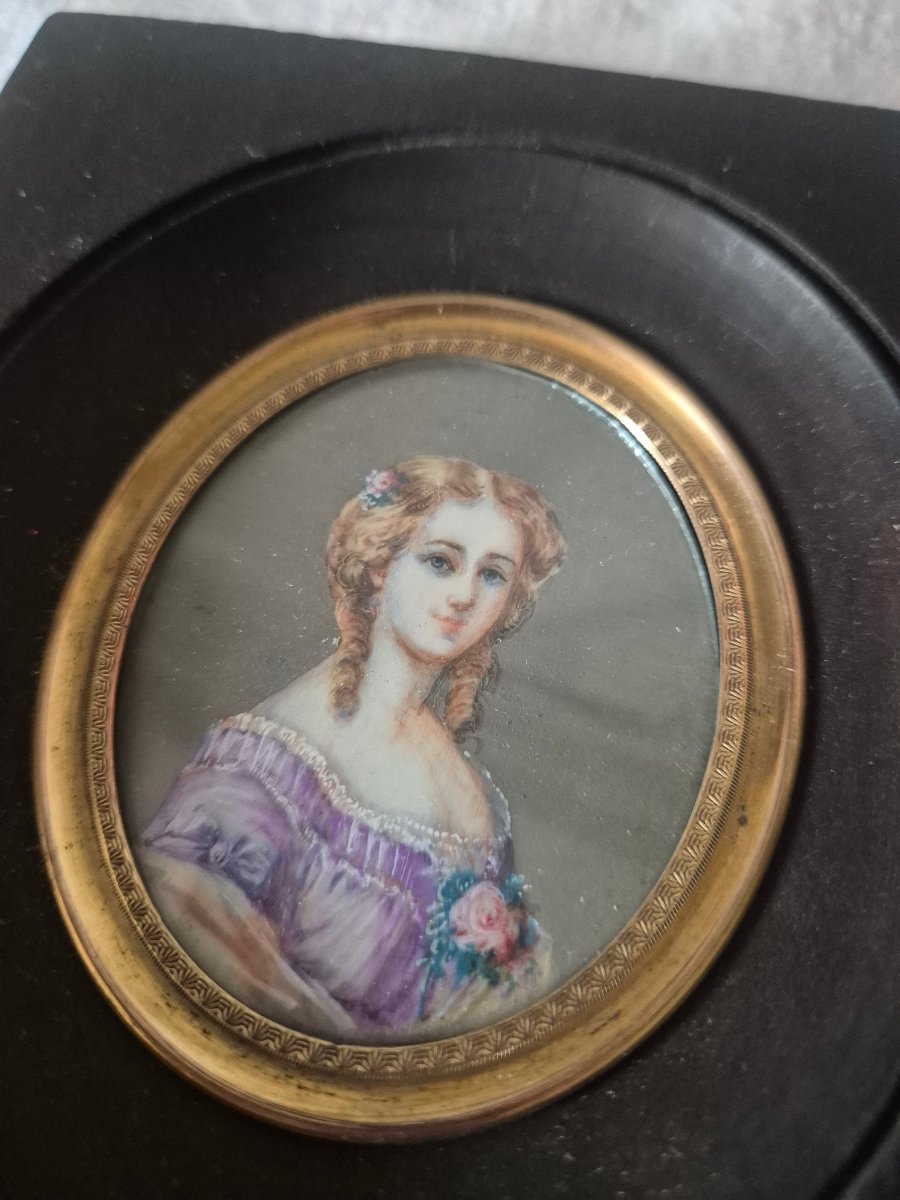 Portrait miniature sur ivoire de jeune fille blond vénitien du XIXème siècle -photo-2