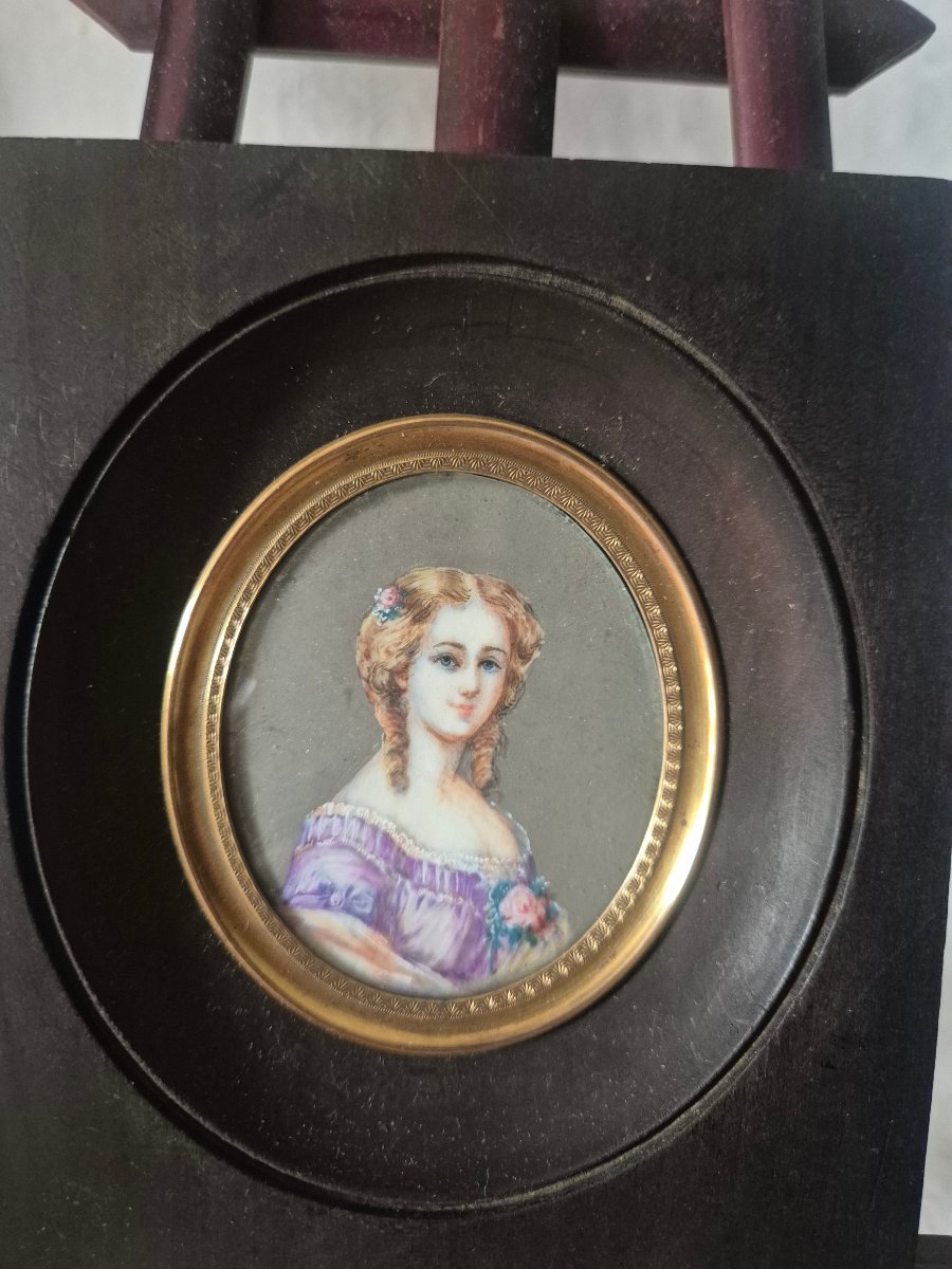 Portrait miniature sur ivoire de jeune fille blond vénitien du XIXème siècle -photo-5