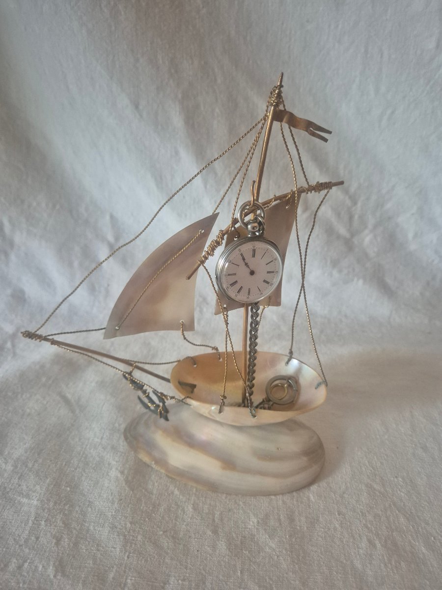 Porte montre baguier bateau en nacre du XIXème siècle -photo-3