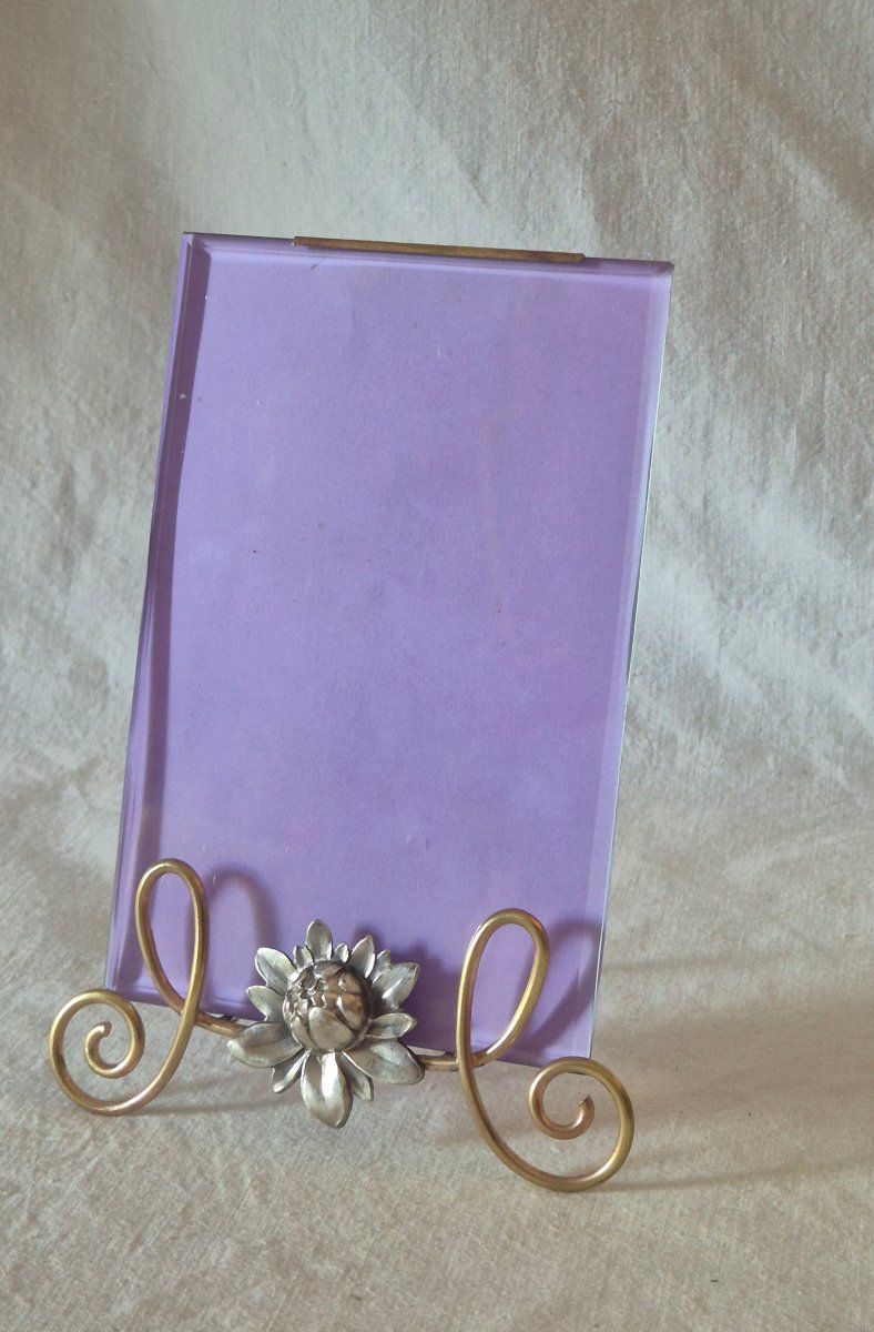 Art Nouveau Photo Frame In Silver- And Gold-plated Metal, Adorned With A Large Flower 