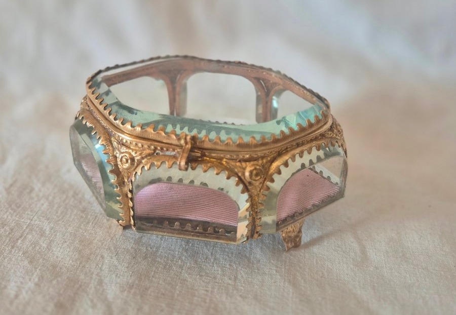 Boîte coffret à bijoux Napoléon III en verre à chanfrein et pomponne -photo-3