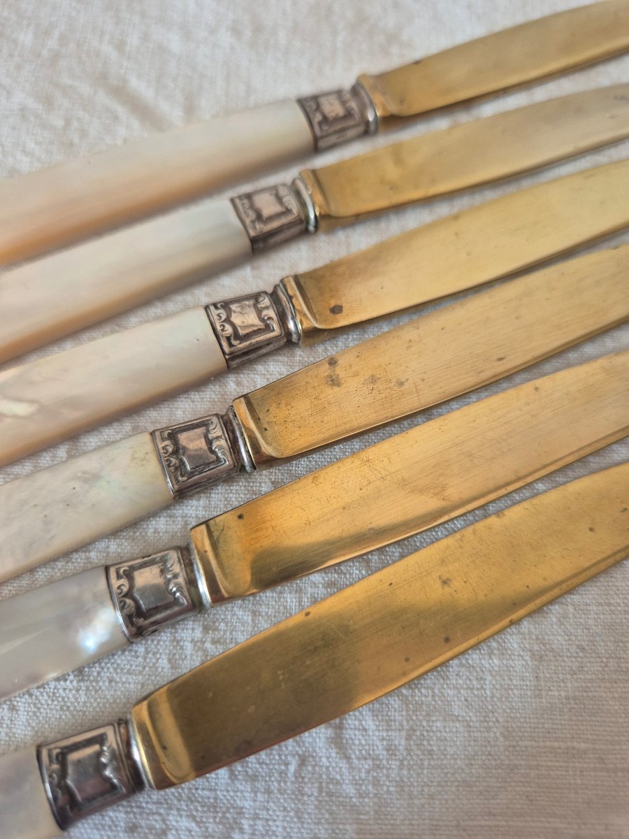 A Set Of Six Knives And Six Forks Made Of Mother-of-pearl, Silver, And Gilded Metal. -photo-4