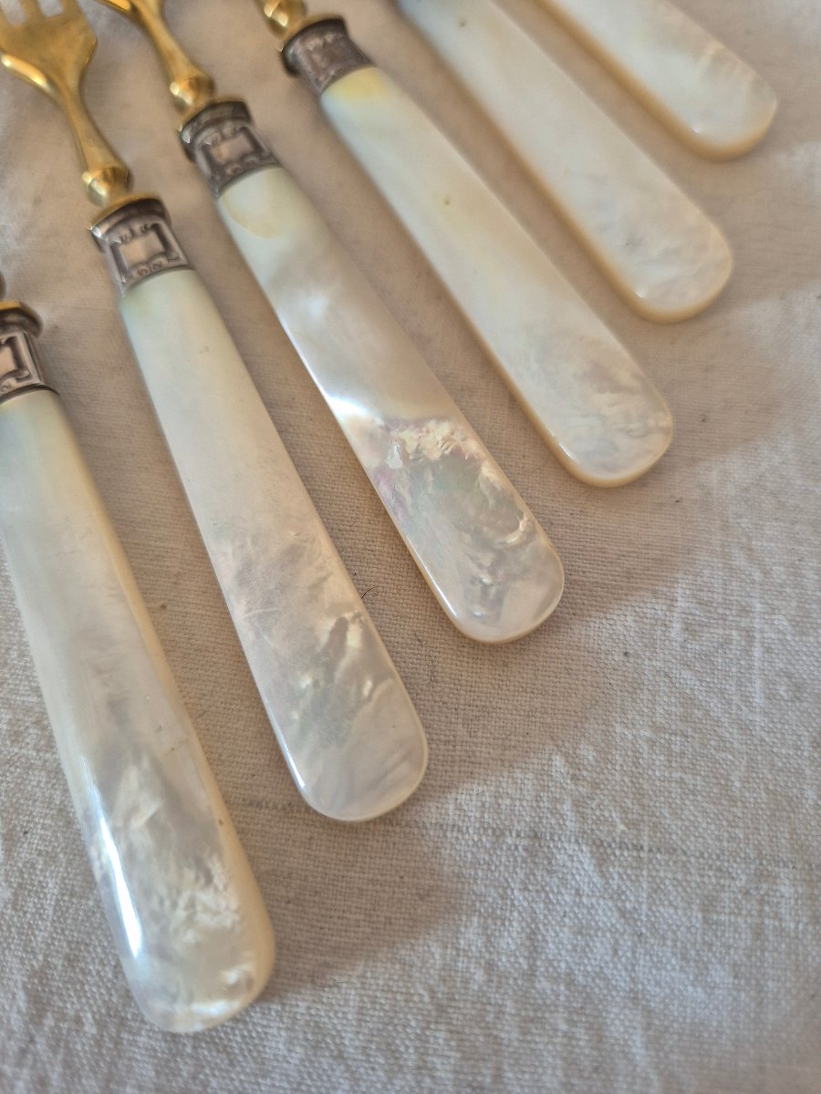 A Set Of Six Knives And Six Forks Made Of Mother-of-pearl, Silver, And Gilded Metal. -photo-2