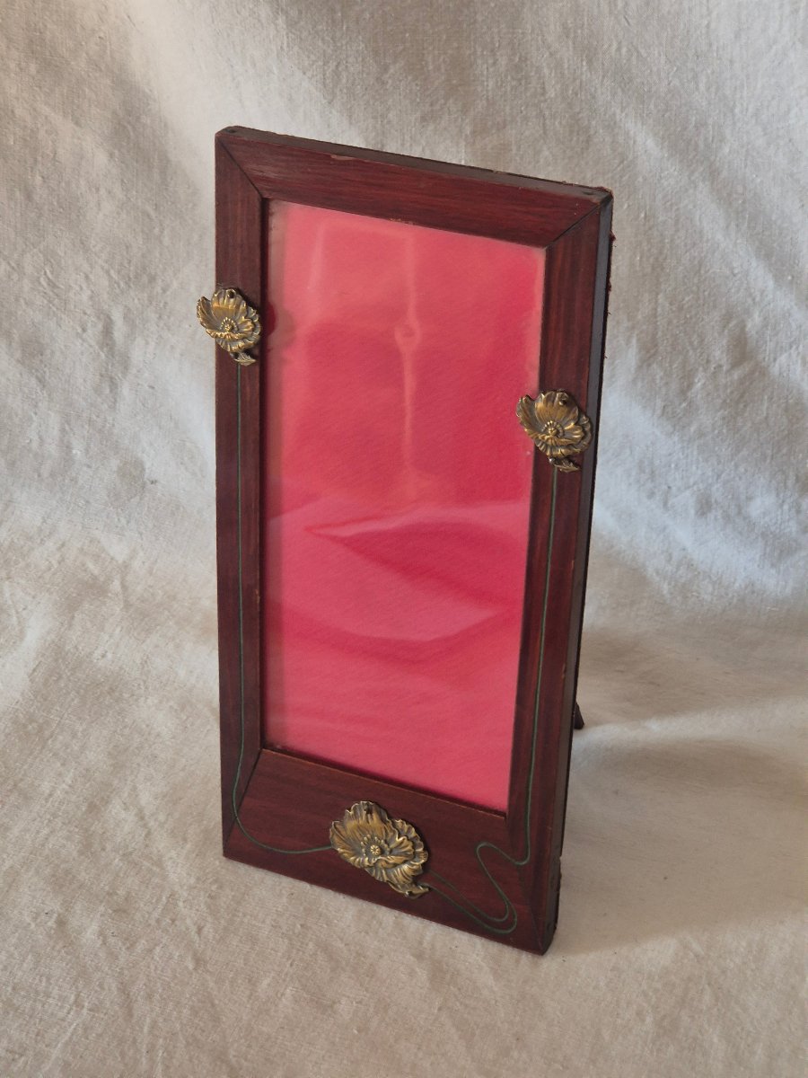 Art Nouveau Frame In Royal Portrait Format, Made Of Mahogany With Poppy Embellishments-photo-4