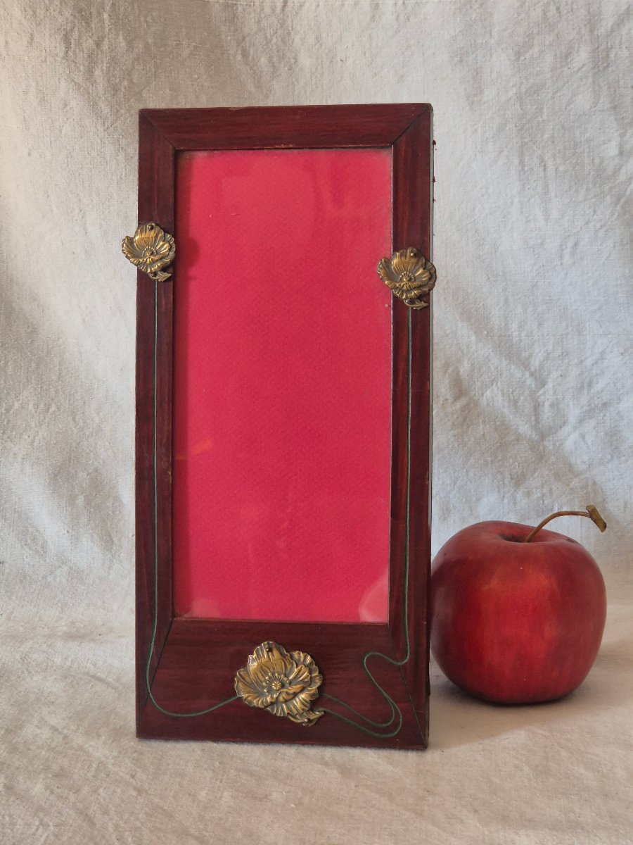 Art Nouveau Frame In Royal Portrait Format, Made Of Mahogany With Poppy Embellishments-photo-3