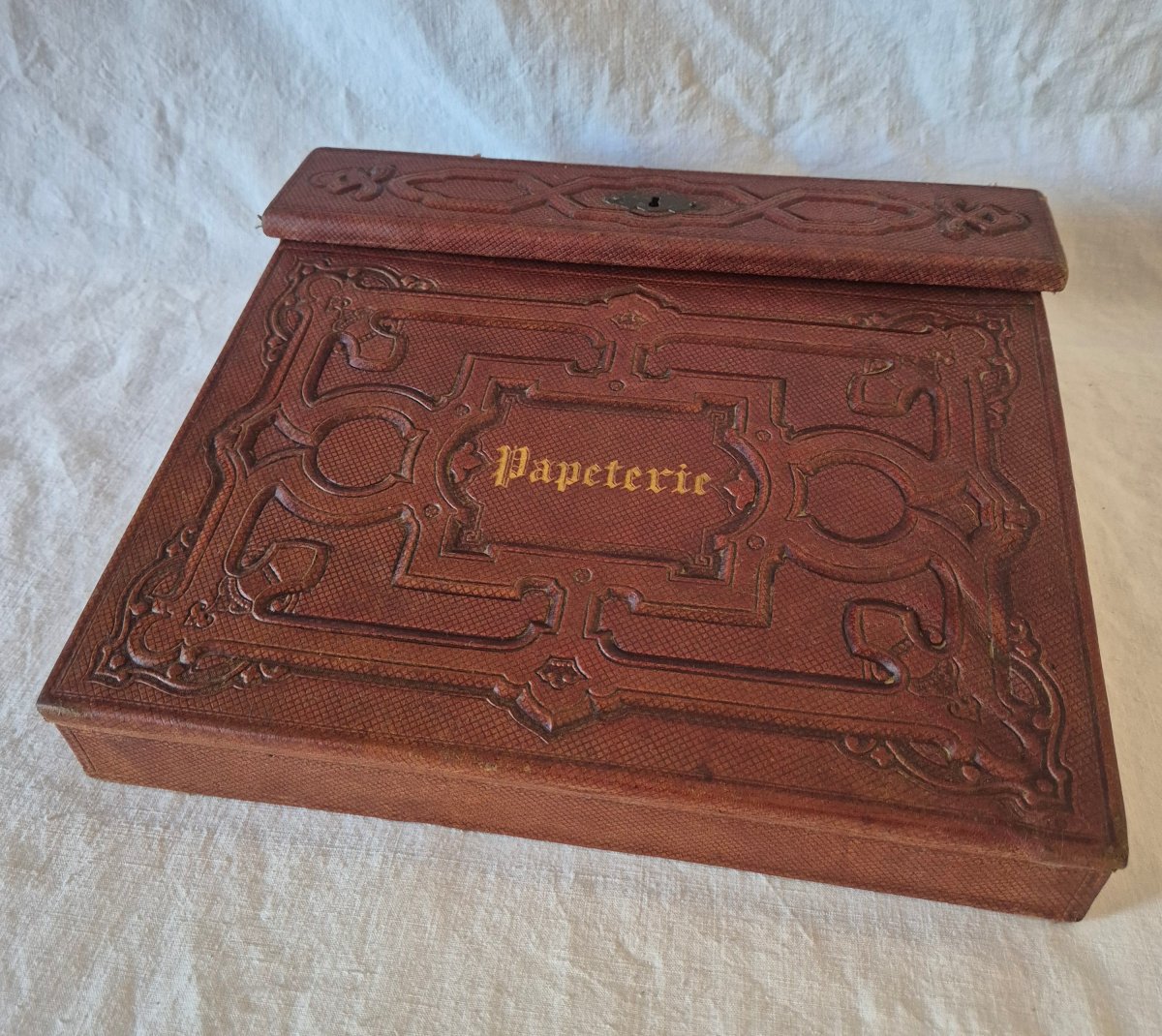 Second Empire-style Travel Writing Case In Embossed Tan Leather 