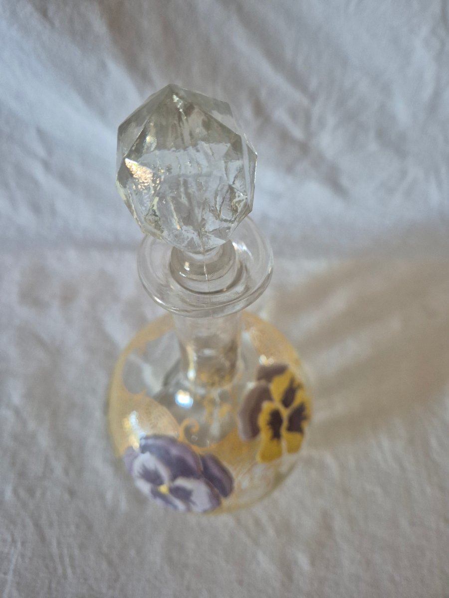 Carafon en verre clair et décors de pensées émaillées vers 1900-photo-3