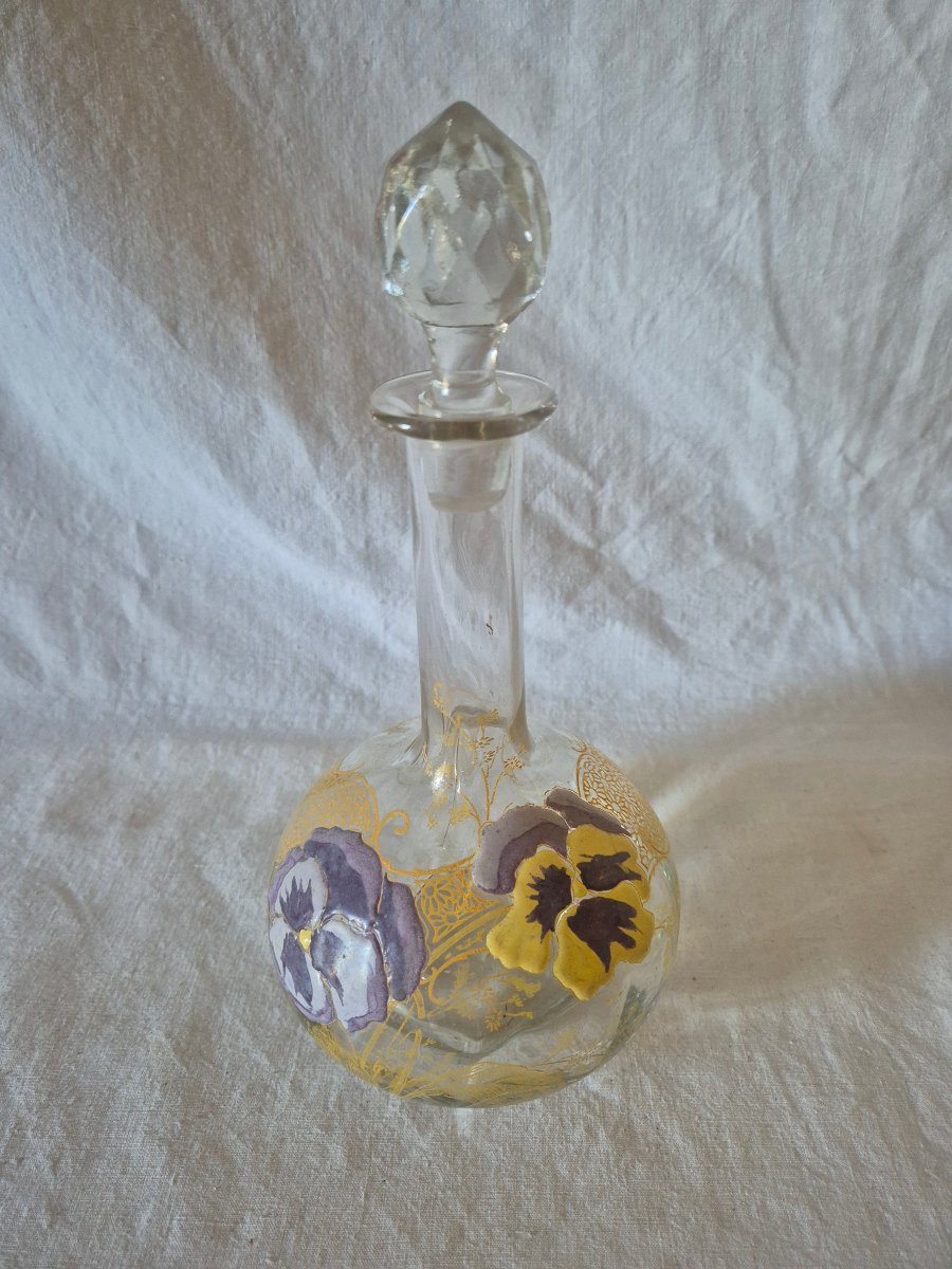 Carafon en verre clair et décors de pensées émaillées vers 1900-photo-4
