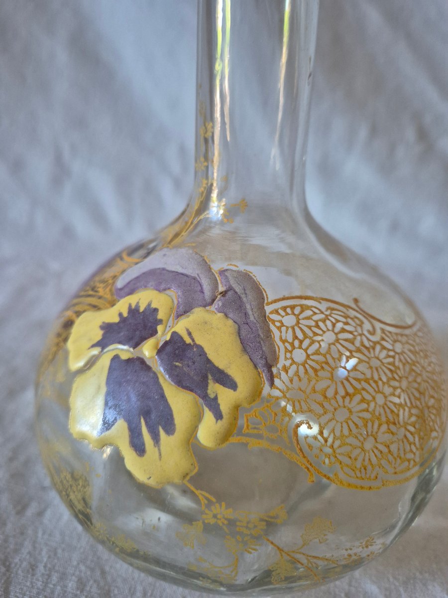Carafon en verre clair et décors de pensées émaillées vers 1900-photo-3