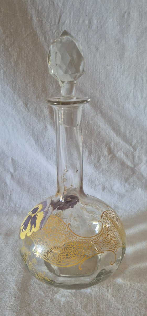 Carafon en verre clair et décors de pensées émaillées vers 1900-photo-4