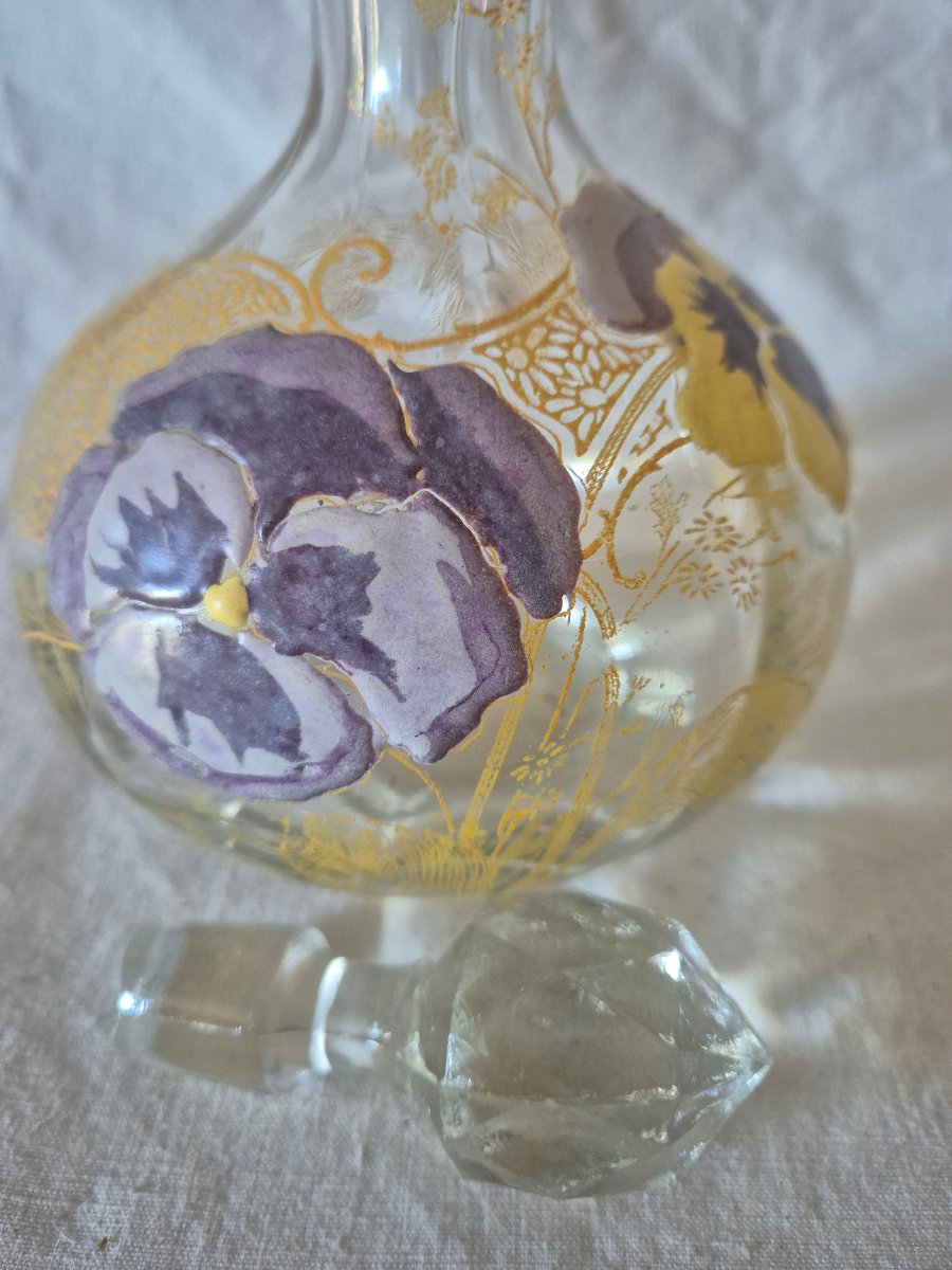 Carafon en verre clair et décors de pensées émaillées vers 1900-photo-5