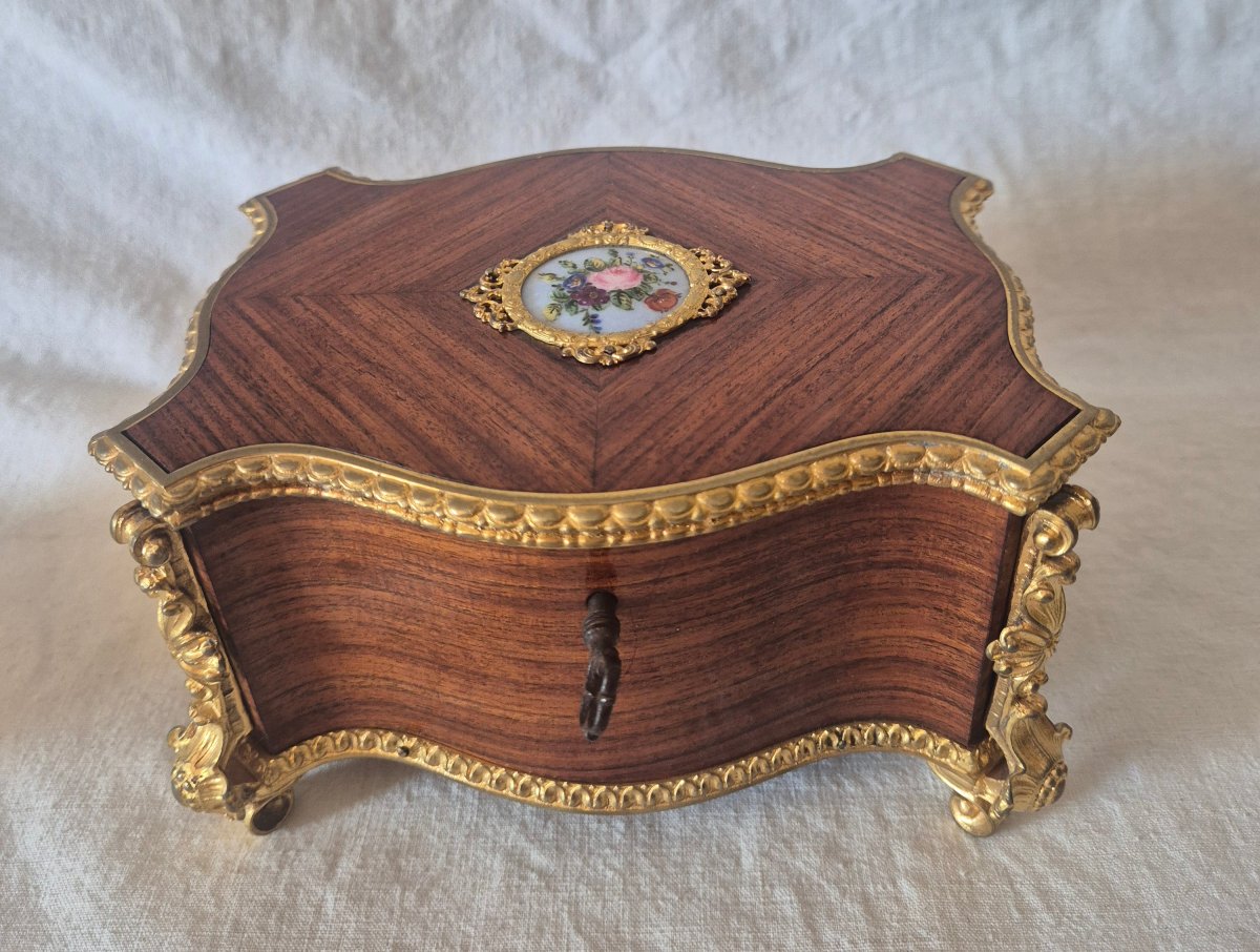 Exquisite Rosewood And Bronze Box With An Early 19th-century Enameled Porcelain Medallion 