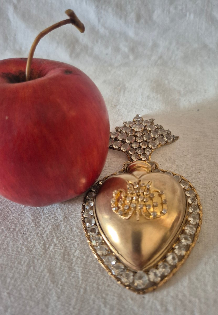 19th-century Ex-voto “heart Of Mary” In Gilded Pomponne, Set With Clear Rhinestones -photo-2