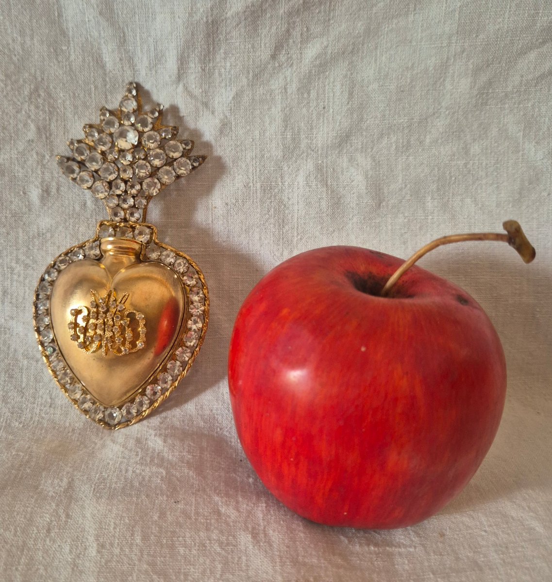 19th-century Ex-voto “heart Of Mary” In Gilded Pomponne, Set With Clear Rhinestones -photo-4