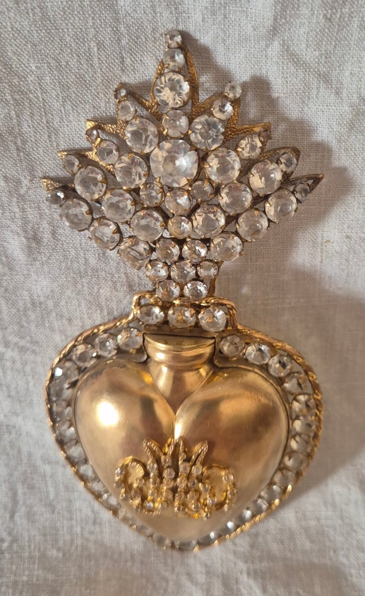 19th-century Ex-voto “heart Of Mary” In Gilded Pomponne, Set With Clear Rhinestones -photo-4