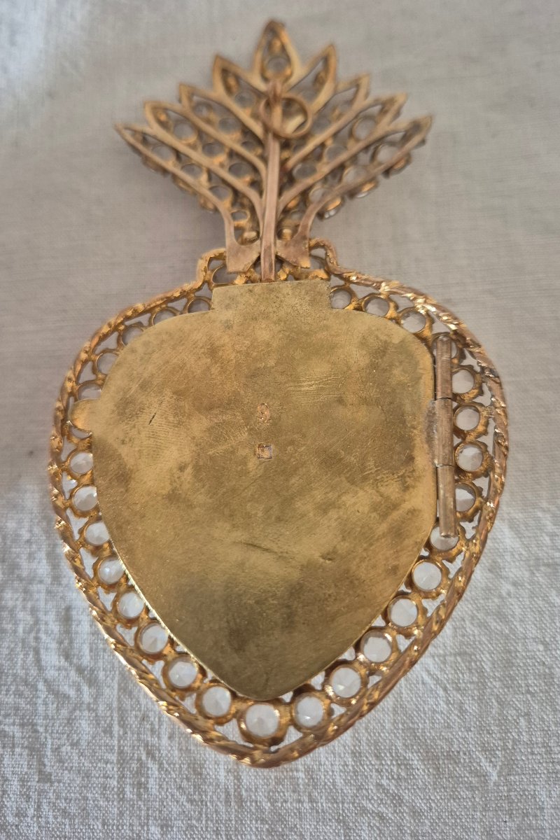 19th-century Ex-voto “heart Of Mary” In Gilded Pomponne, Set With Clear Rhinestones -photo-1
