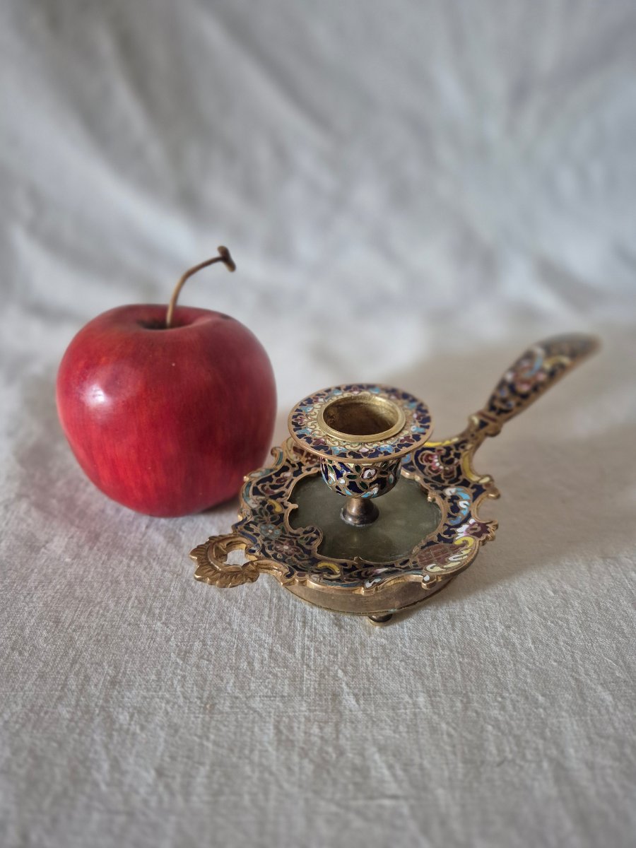 Bougeoir à main en bronze émaillé cloisonné du XIXème siècle -photo-2