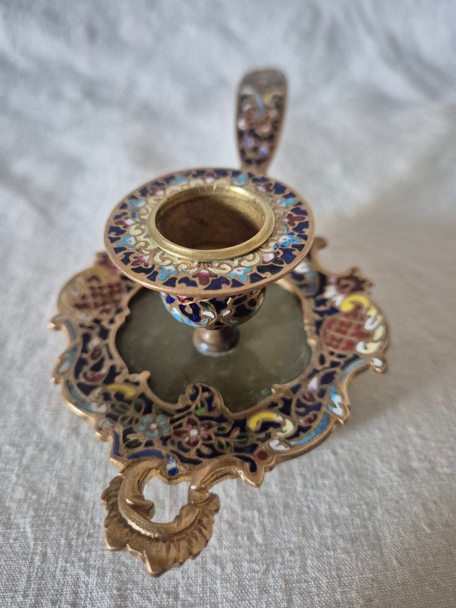 Bougeoir à main en bronze émaillé cloisonné du XIXème siècle -photo-3