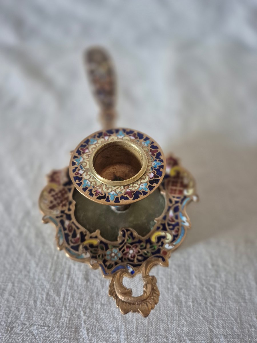 Bougeoir à main en bronze émaillé cloisonné du XIXème siècle -photo-4