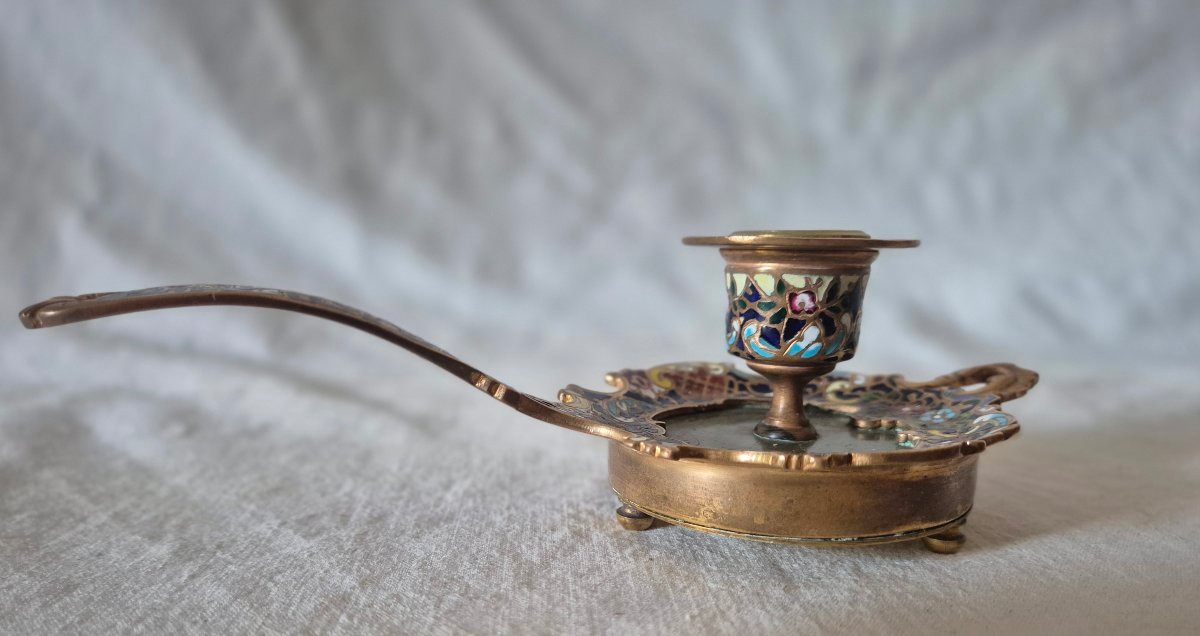 Bougeoir à main en bronze émaillé cloisonné du XIXème siècle -photo-1