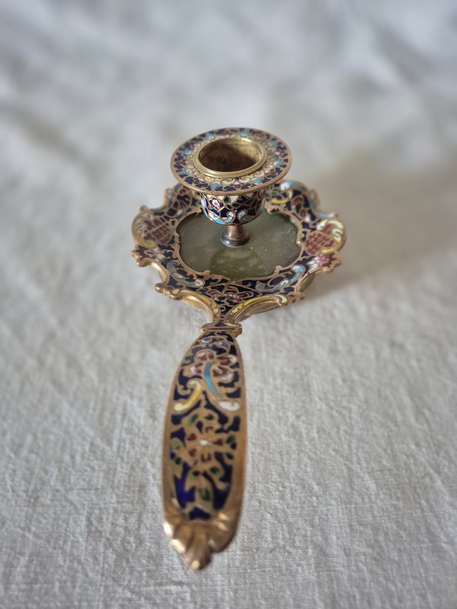 Bougeoir à main en bronze émaillé cloisonné du XIXème siècle -photo-3