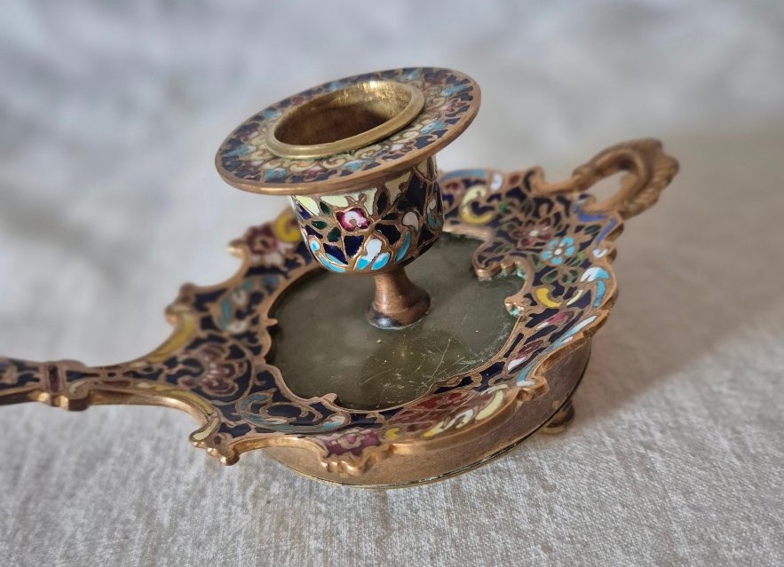 Bougeoir à main en bronze émaillé cloisonné du XIXème siècle -photo-5