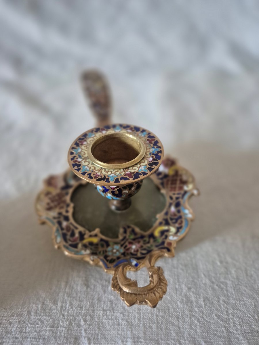 Bougeoir à main en bronze émaillé cloisonné du XIXème siècle 