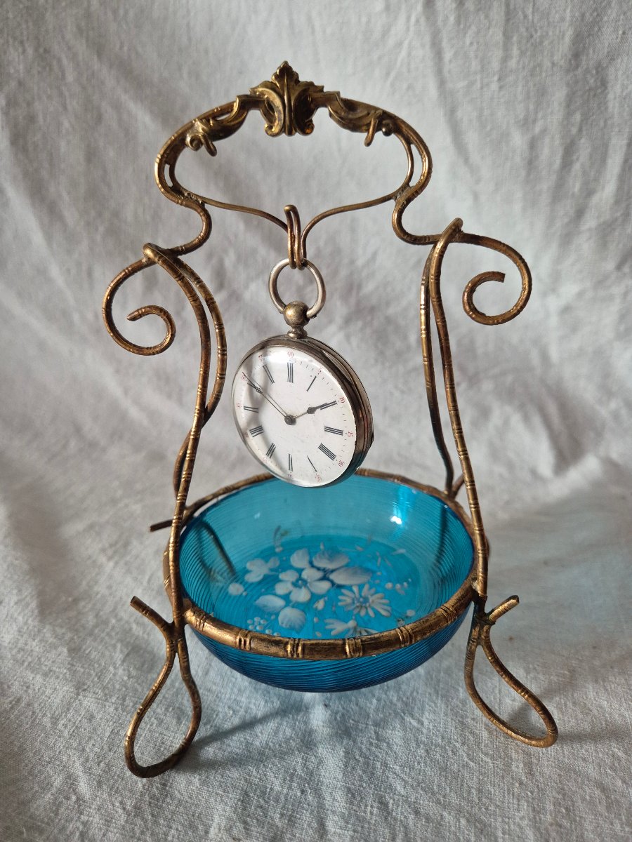 19th-century Ring Box And Watch Holder Made Of Blue Enameled Glass And Gilded Bronze -photo-3