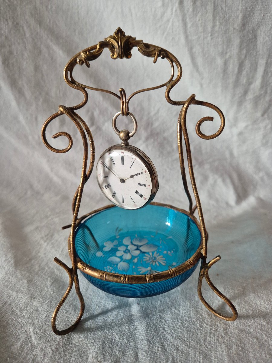 19th-century Ring Box And Watch Holder Made Of Blue Enameled Glass And Gilded Bronze -photo-3