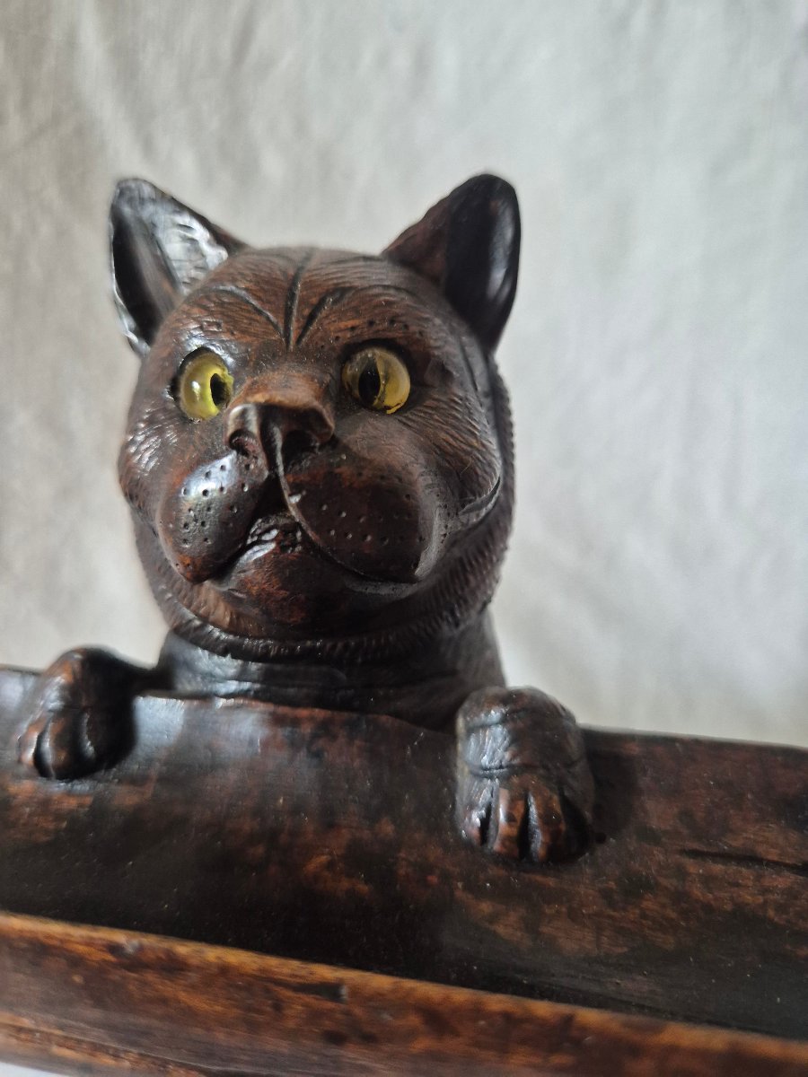 "black Forest" Cat Inkwell Made Of Carved Linden Wood With Glass Eyes -photo-4