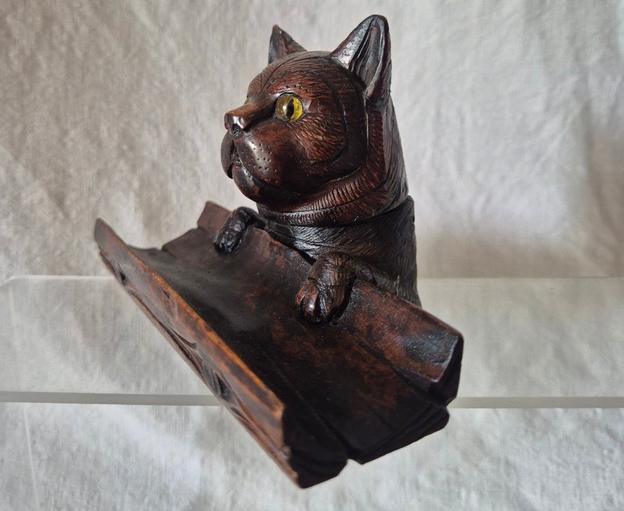 "black Forest" Cat Inkwell Made Of Carved Linden Wood With Glass Eyes -photo-3