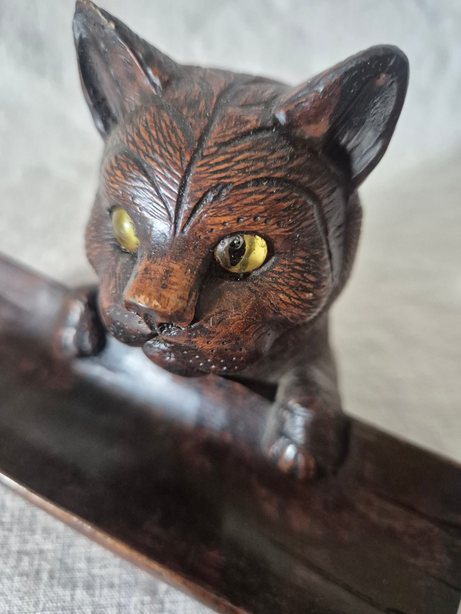 "black Forest" Cat Inkwell Made Of Carved Linden Wood With Glass Eyes -photo-4