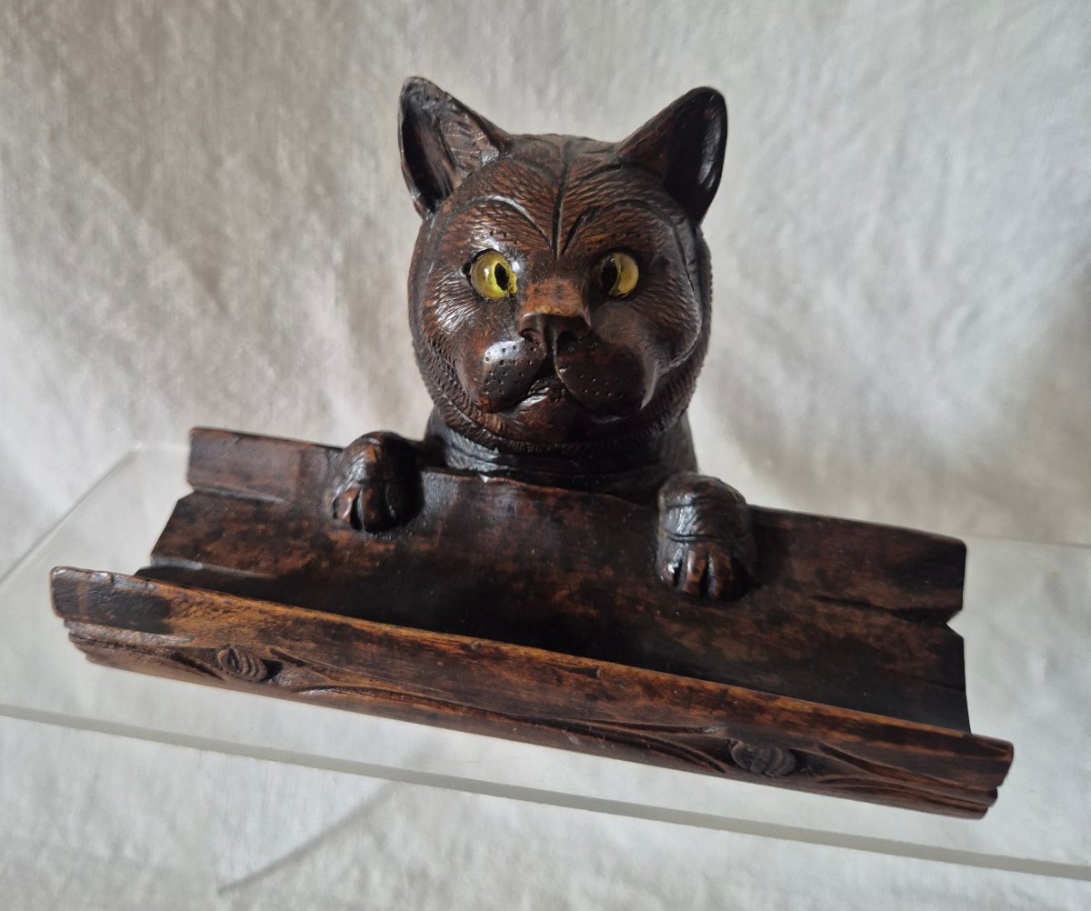 "black Forest" Cat Inkwell Made Of Carved Linden Wood With Glass Eyes -photo-5