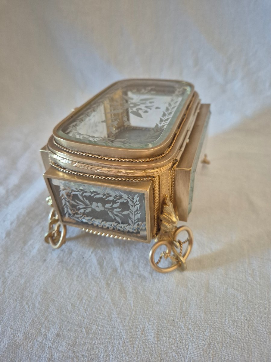 Coffret à bijoux Napoléon III en bronze et verres gravés à chanfrein -photo-4