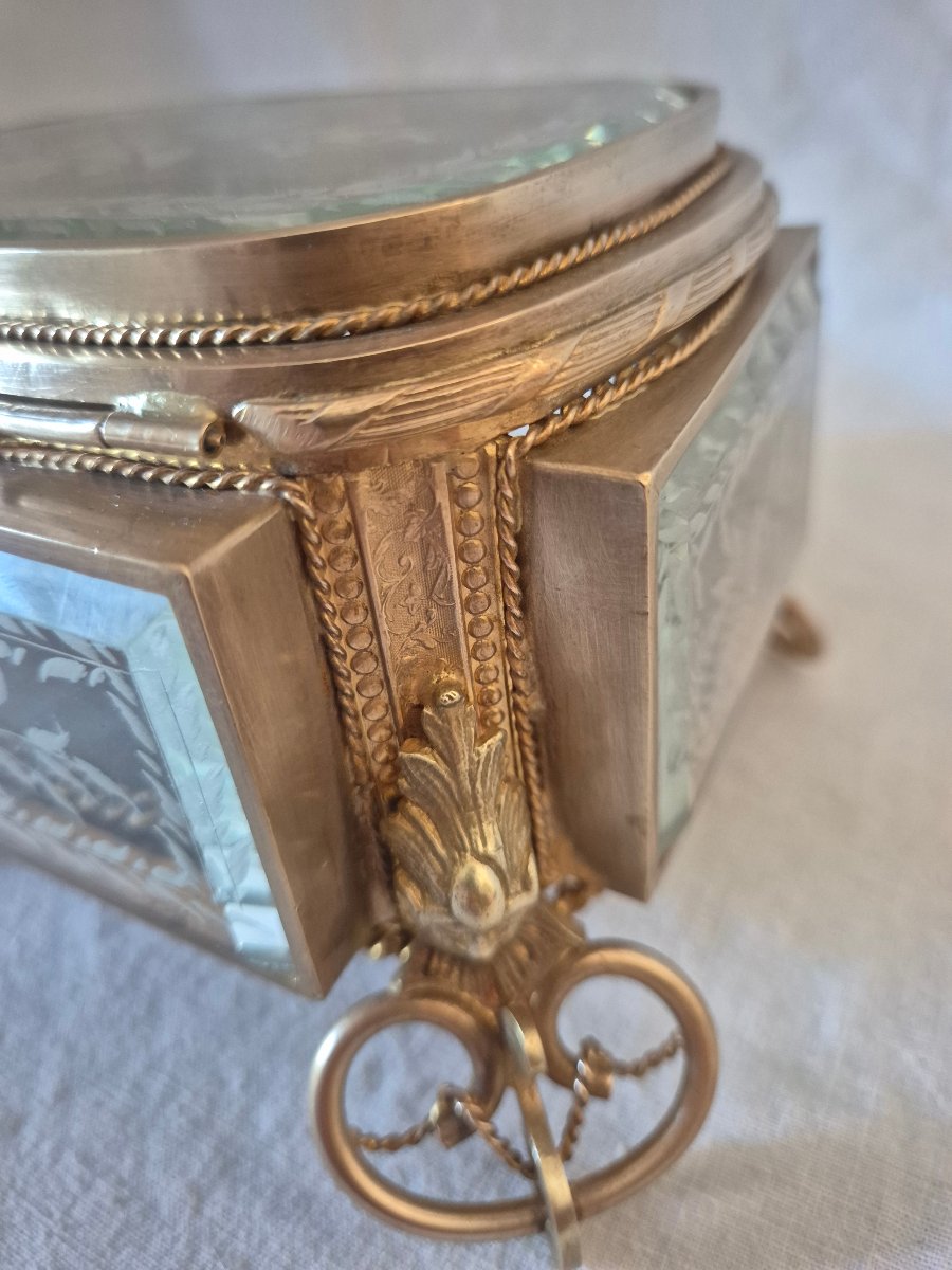 Coffret à bijoux Napoléon III en bronze et verres gravés à chanfrein -photo-6