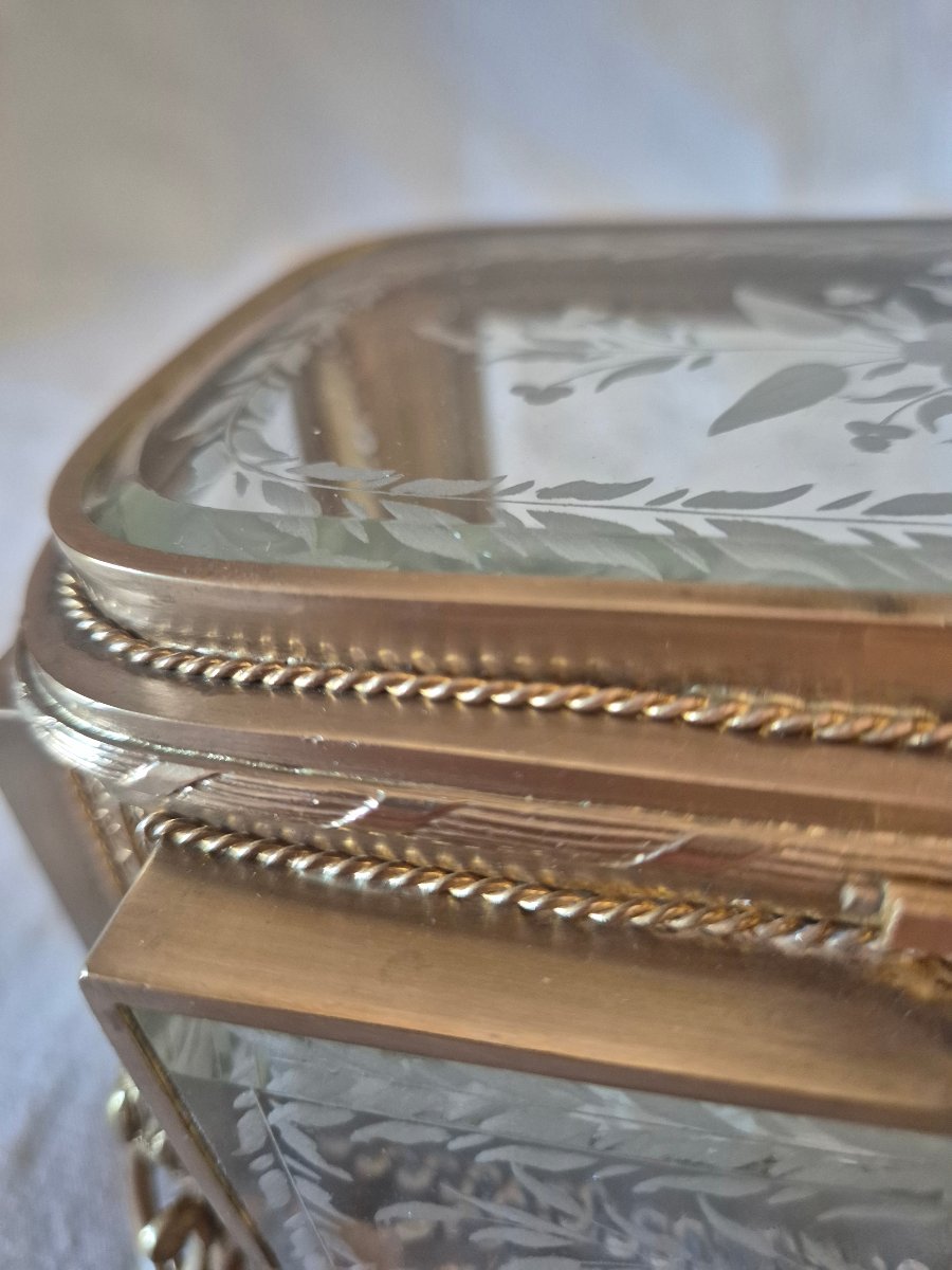 Coffret à bijoux Napoléon III en bronze et verres gravés à chanfrein -photo-8