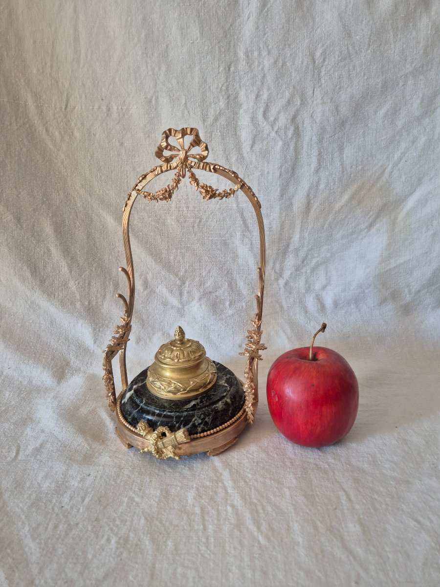 Second Empire-era Bronze And Marble Inkwell With Watch And Quills -photo-2