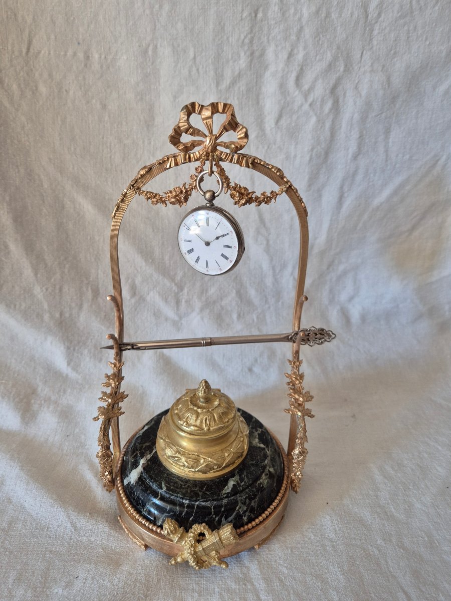 Second Empire-era Bronze And Marble Inkwell With Watch And Quills -photo-3