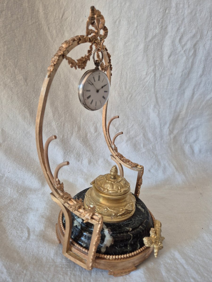 Second Empire-era Bronze And Marble Inkwell With Watch And Quills -photo-1