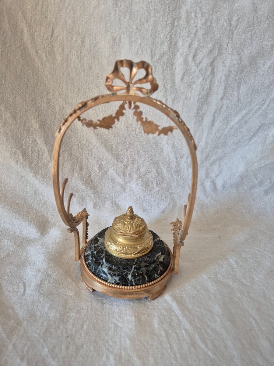Second Empire-era Bronze And Marble Inkwell With Watch And Quills -photo-2