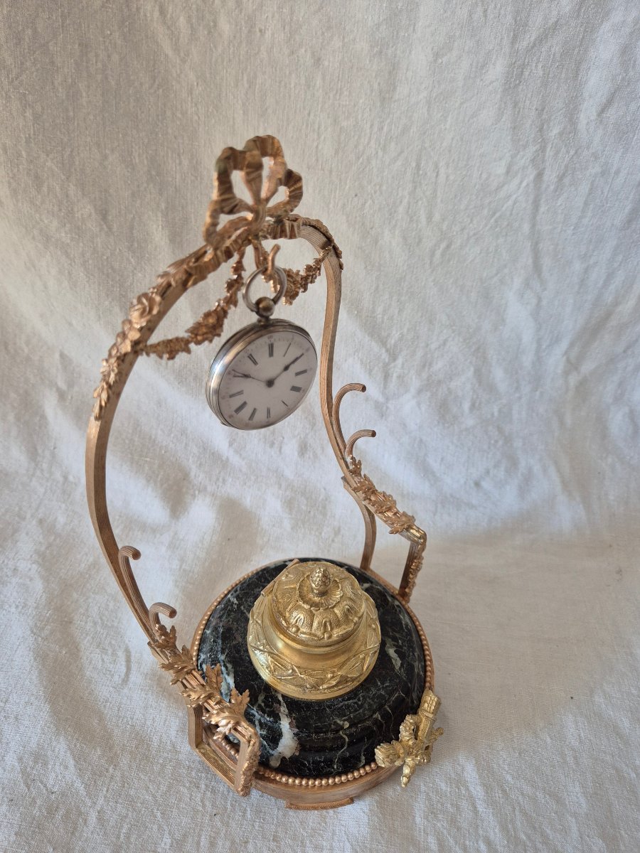 Second Empire-era Bronze And Marble Inkwell With Watch And Quills -photo-4